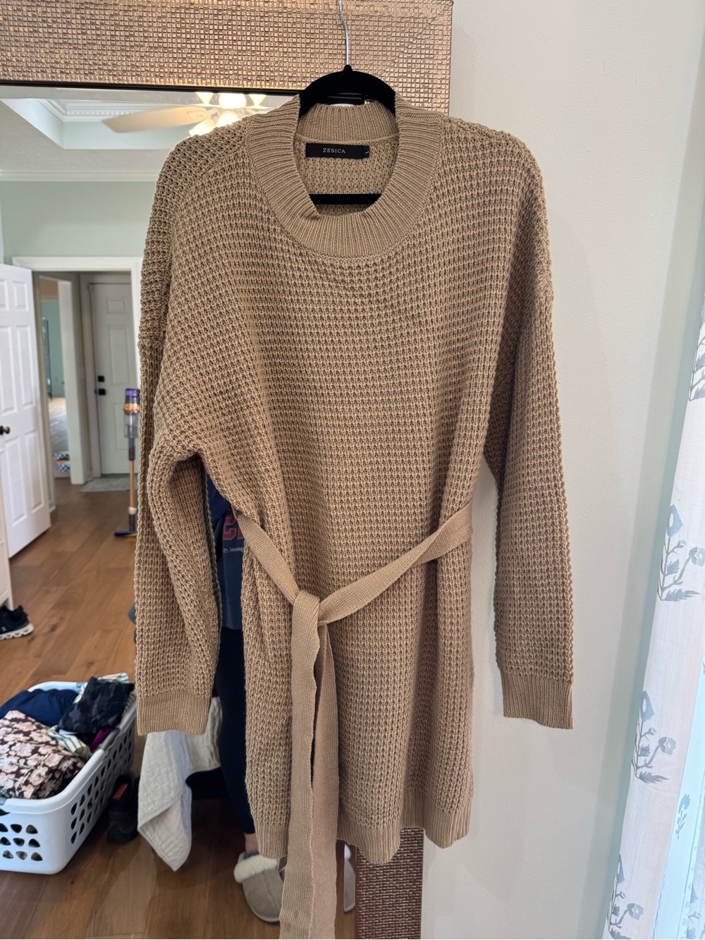 ZESICA Tan Knit Belted Sweater Mini Dress